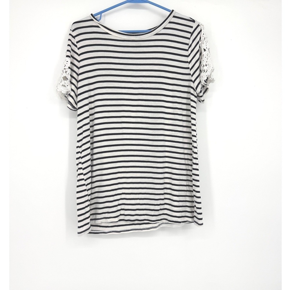 I Clique Womens Striped Short Sleeve Top with Crochet Lace Sleeves Black White S